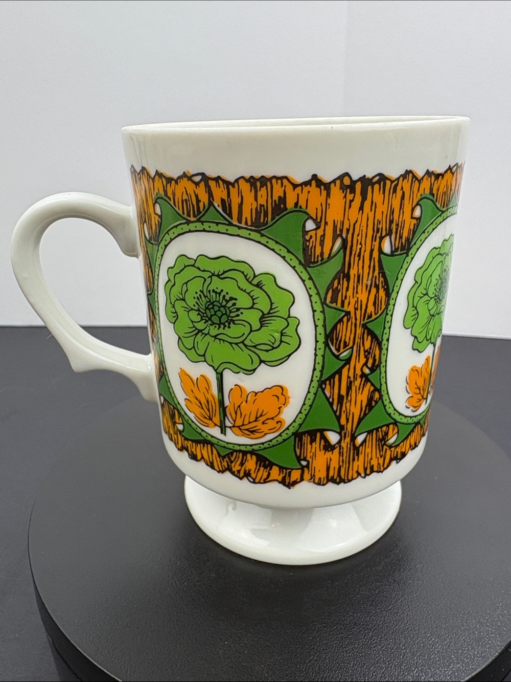 Vintage Pedestal Floral Mug in Green and Orange Made in Japan